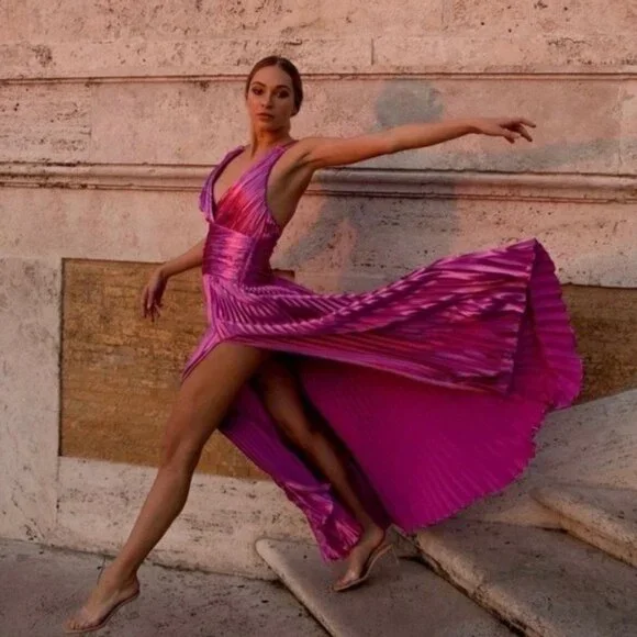 NWT AiiFOS Vera Pleated Metallic Gown 8 Pink Magenta Plisse Ruched Slit Formal - Picture 2 of 14